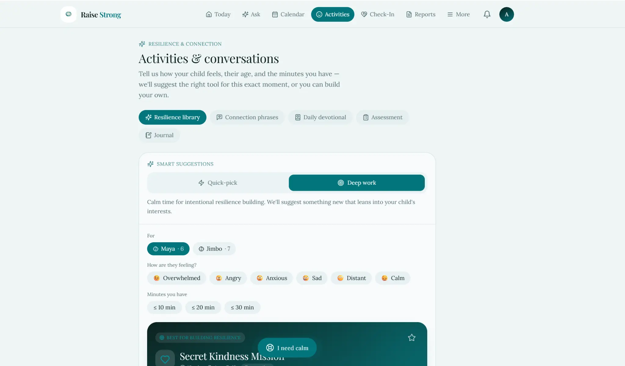 Raise Strong activities screen with personalized resilience suggestions
