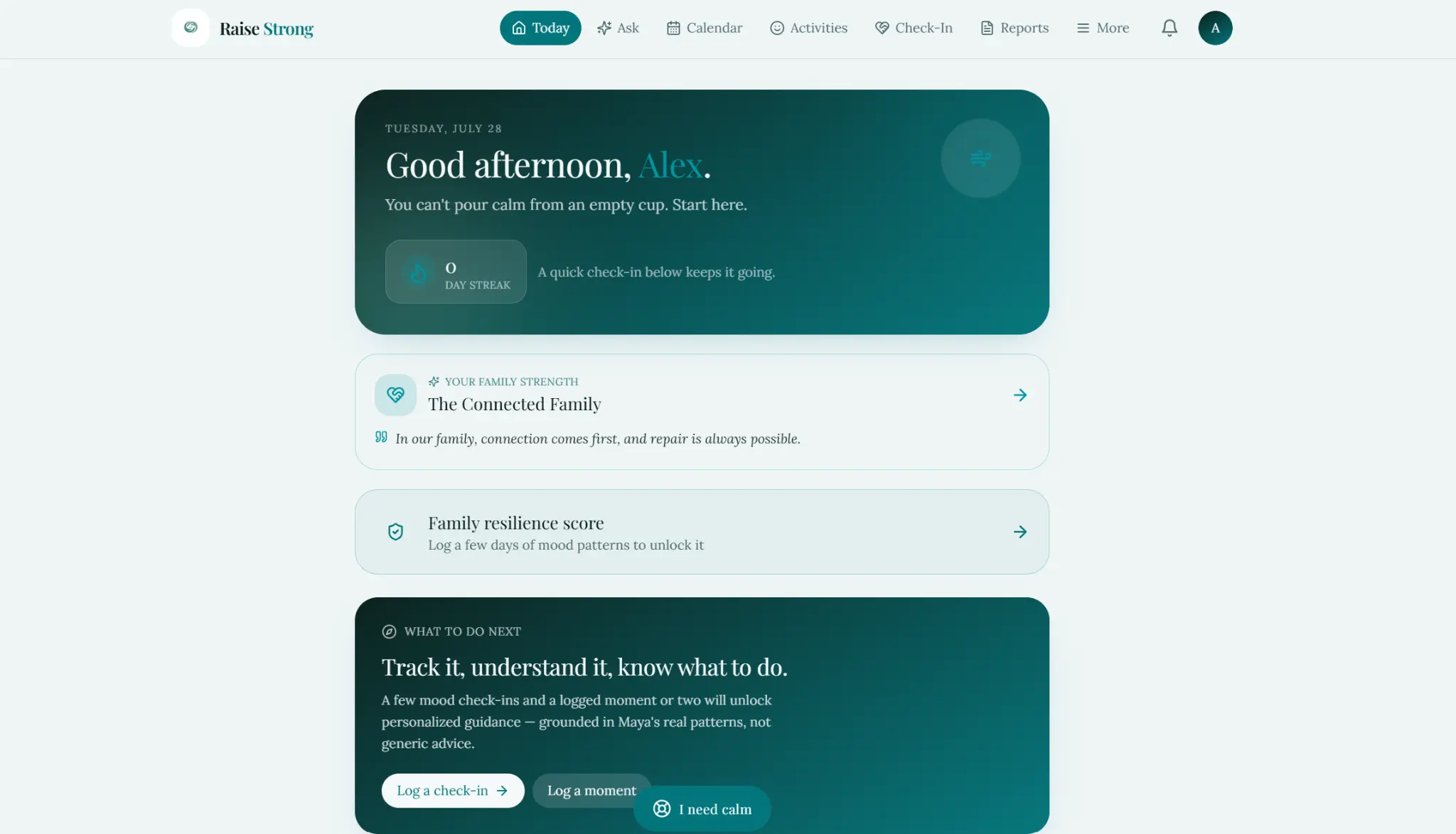 Raise Strong app dashboard showing personalized family guidance