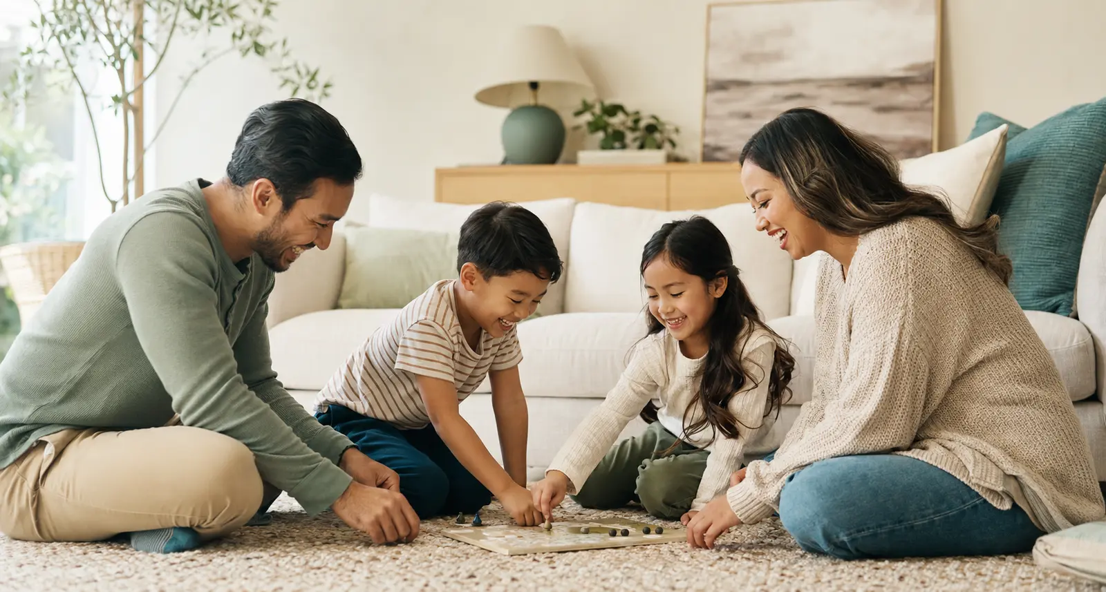A happy family sharing a playful moment together at home